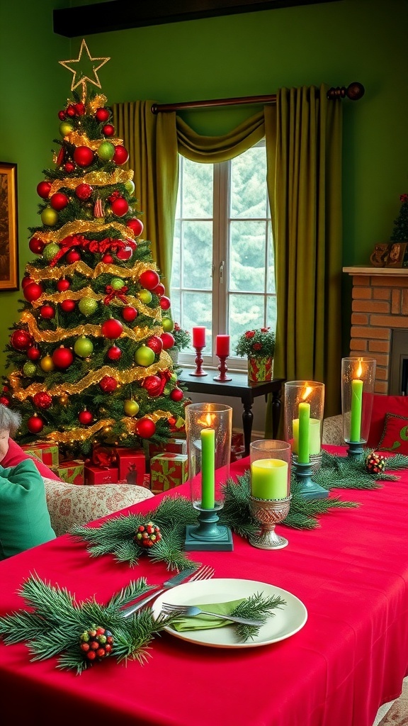 A cozy Christmas living room decorated in green and red, with a festive tree and table setting.